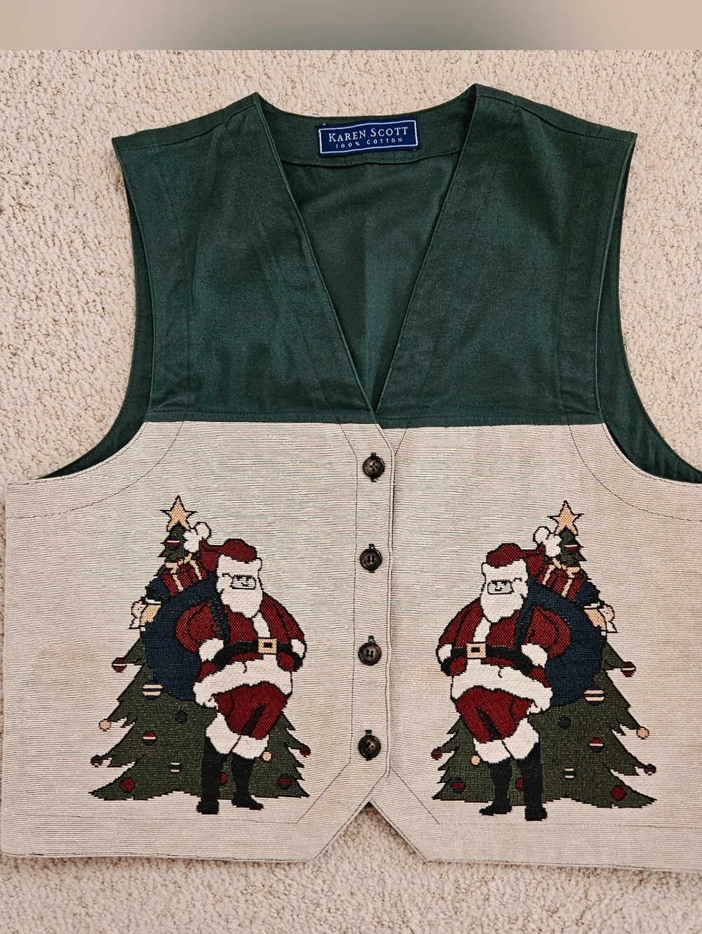 Karen Scott Christmas Vest Tapestry Santa Button Up Cotton Womens Medium Flaw